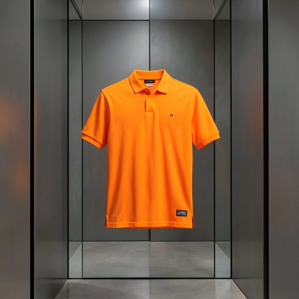 Camiseta de fútbol colgada mostrando textura de tela y colores cálidos, fotografía simétrica y limpia